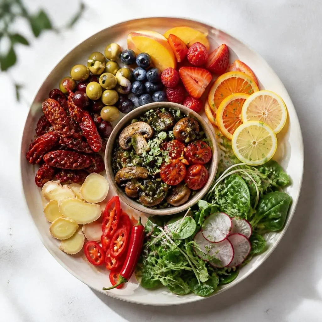 Assiette vivante illustrant les 5 saveurs et le goût umami